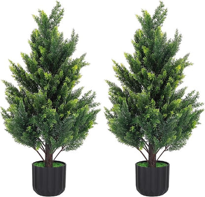3FT Tall Artificial Cedar Topiary Trees Set of 2, Artificial UV Resistant Potted Plants, Faux Bushes Fake Shrubs for Outdoor Indoor Home Entryway Front Porch Garden Patio Offices Living Room Decor