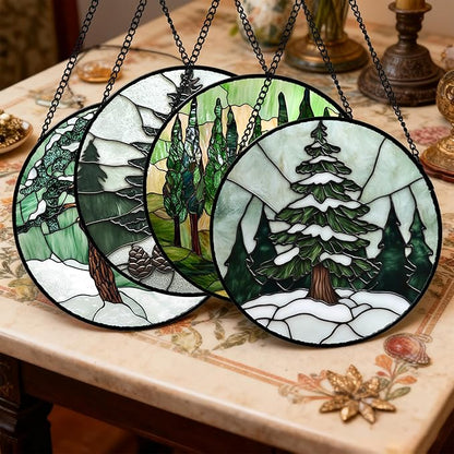 Stained Glass Window Hanging 4 Pcs Set Forest Green Trees Winter Snow 7.8" - Suncatcher Door Garden Sun Catcher Home Decor Birthday Mother's Day for Woman Nana Mom Men