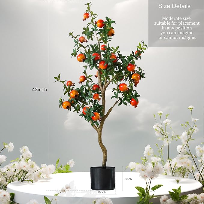 Artificial Pomegranate Tree Indoor, Pre Potted Faux Pomegranate Tree with Realistic Fruit and Lifelike Leaves, for Indoor Home Decor Office Living Room