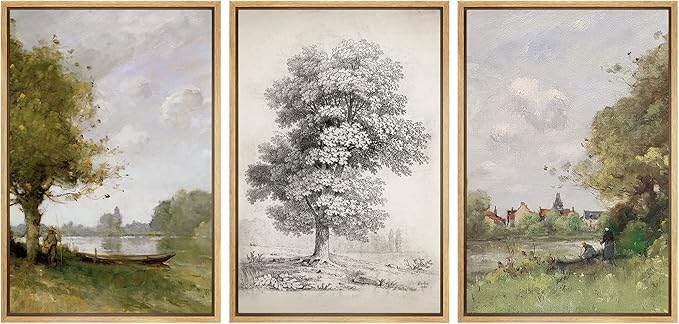Ashbrook Framed Canvas Print Wall Art Set Forest Tree Field Nature Wilderness Illustration Fine Art Decorative Floral Botanical Garden Vintage for Living Room, Bedroom, Office - 24"x36"x3 Natural