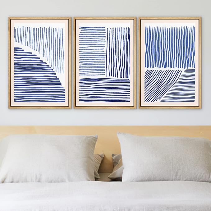 Ashbrook Framed Wall Art Print Set Navy Blue Geometric Color Block Lines Abstract Shapes Illustrations Modern Art Boho Scenic Colorful Chic for Living Room, Bedroom, Office - 16"x24"x3 Natural