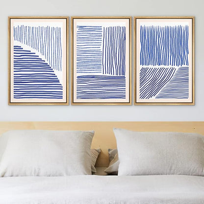 Ashbrook Framed Wall Art Print Set Navy Blue Geometric Color Block Lines Abstract Shapes Illustrations Modern Art Boho Scenic Colorful Chic for Living Room, Bedroom, Office - 24"x36"x3 Natural