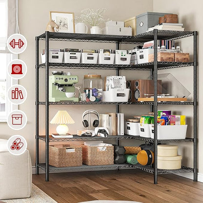 REIBII 5 Tier Wire Shelving Storage Shelves Loads 1430LBS, 58" W Metal Shelving for Storage Adjustable Shelving Unit Heavy Duty Garage Shelves Pantry Shelves Kitchen, Black
