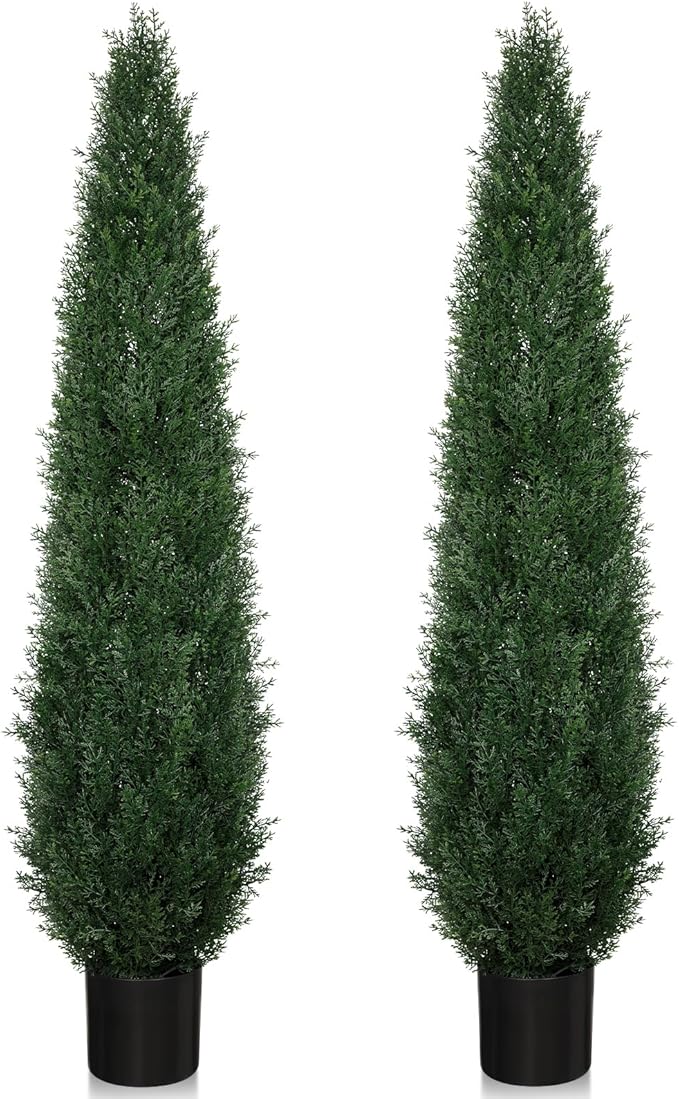 5FT Artificial Cedar Topiary Trees, 2 Pack UV Resistant Outdoor Indoor Faux Evergreen Shrubs, Potted Fake Cypress Plants for Front Porch Home Office Decor