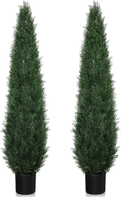 5FT Artificial Cedar Topiary Trees, 2 Pack UV Resistant Outdoor Indoor Faux Evergreen Shrubs, Potted Fake Cypress Plants for Front Porch Home Office Decor