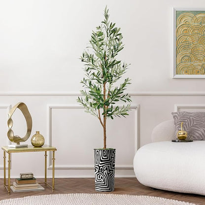 Artificial Tree in Modern Geometric Pattern Planter, Fake Olive Silk Tree for Indoor and Outdoor Home Decoration - 68" Overall Tall (Plant Pot Plus Tree)