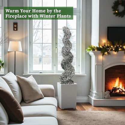 THE BLOOM TIMES 4ft Snow Flocked Spiral Topiary Trees Artificial Outdoor Set of 2, 48" Faux Fake Boxwood Plants for Front Porch Planter, Indoor or Covered Outside Display Christmas Decor 4 Foot