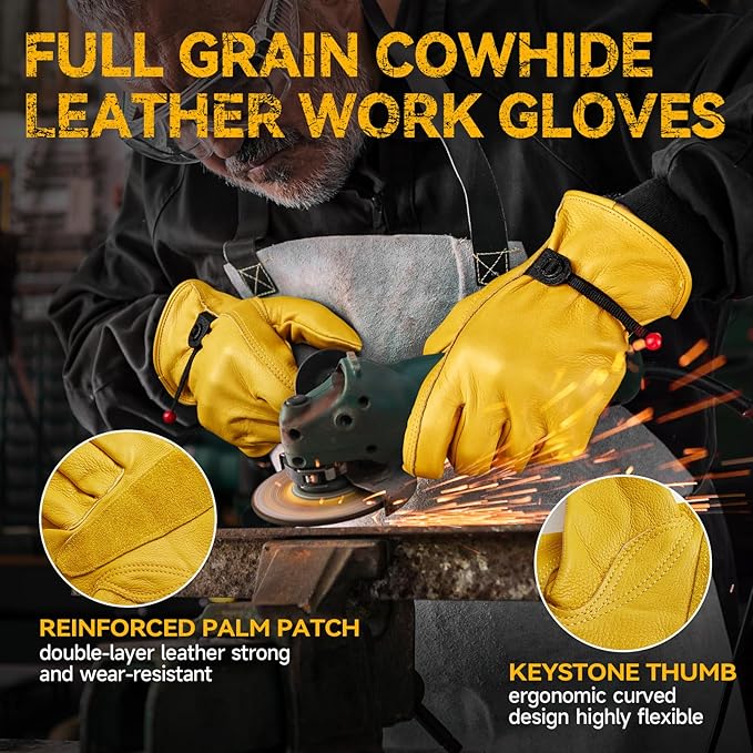 OZERO Leather Work Gloves for Men: X-Large 1 Pair Cowhide Working Gloves for Driving Heavy Duty Mechanic Ranch - Women Gardening Glove