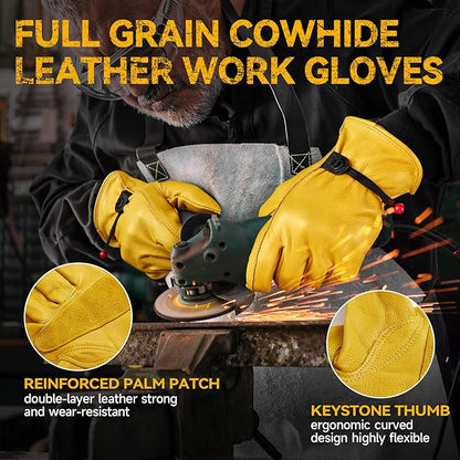 OZERO Leather Work Gloves for Men: Large 1 Pair Cowhide Working Gloves for Driving Heavy Duty Mechanic Ranch - Women Gardening Glove