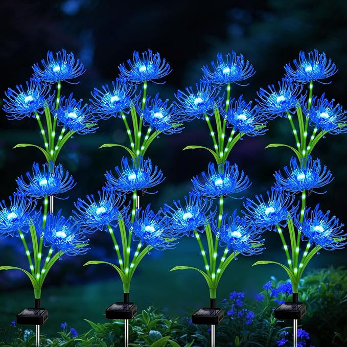 Solar Garden Flower Lights Outdoor,8 Pack 24-Head Blue Spider Lily Waterproof with Glowing Stems,Elegant Yard,Patio & Law Decor,Ideal Halloween & Gardening Gifts for Women,Mothers & Grandma