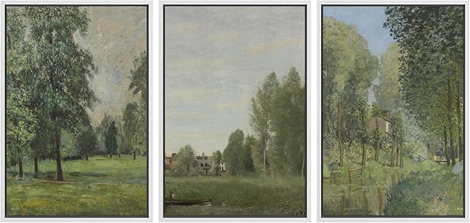 Ashbrook Framed Canvas Print Wall Art Set Fine Art Watercolor Emerald Green Forest Landscape Nature Wilderness Illustrations Floral Botanical Minimal Calm/Relax for Bedroom - 24"x36"x3 White