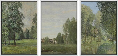 Ashbrook Framed Canvas Print Wall Art Set Fine Art Watercolor Emerald Green Forest Landscape Nature Wilderness Illustrations Floral Botanical Minimal Calm/Relax for Bedroom - 24"x36"x3 White