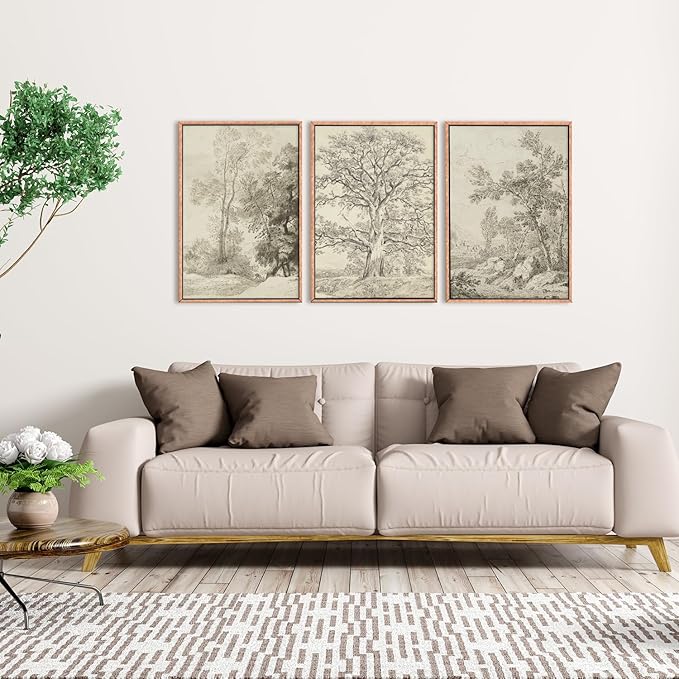 Ausril Vintage Sketchbook Forest Framed Canvas Wall Art Set, Neutral Minimalist Tree Wall Decor, Wilderness Illustration Wall Painting, Retro Botanical Art Print Living Room, Bedroom, Office-36"x24"x3