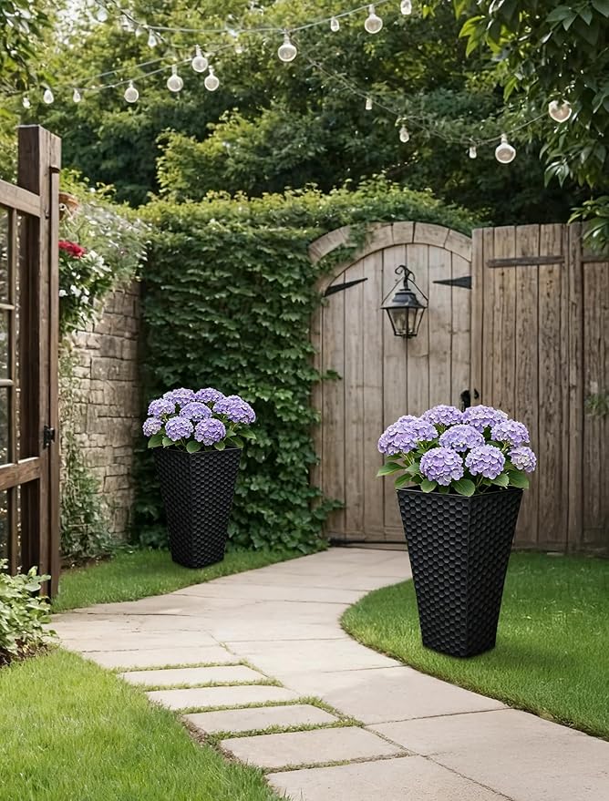 Sziqiqi Tall Planter for Indoor Outdoor: Set of 2 Large 21.6in Metal Taper Plant Pots with Inner Pots - Square Black Flower Pot with Drainage Holes for Outside Front Door Patio Garden Floor