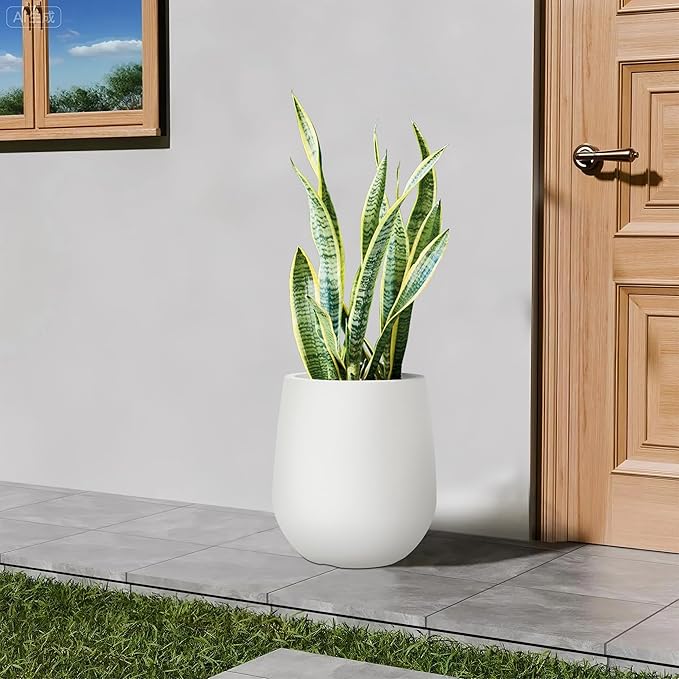 16.9 Inch Plastic Tall Large Planters for Outdoor Plants, Modern Round Tapered Flower Pot for Indoor Plants, Plant Pots with Drainage Holes and Rubber Plug for Home Garden Patio, Chalk Beige