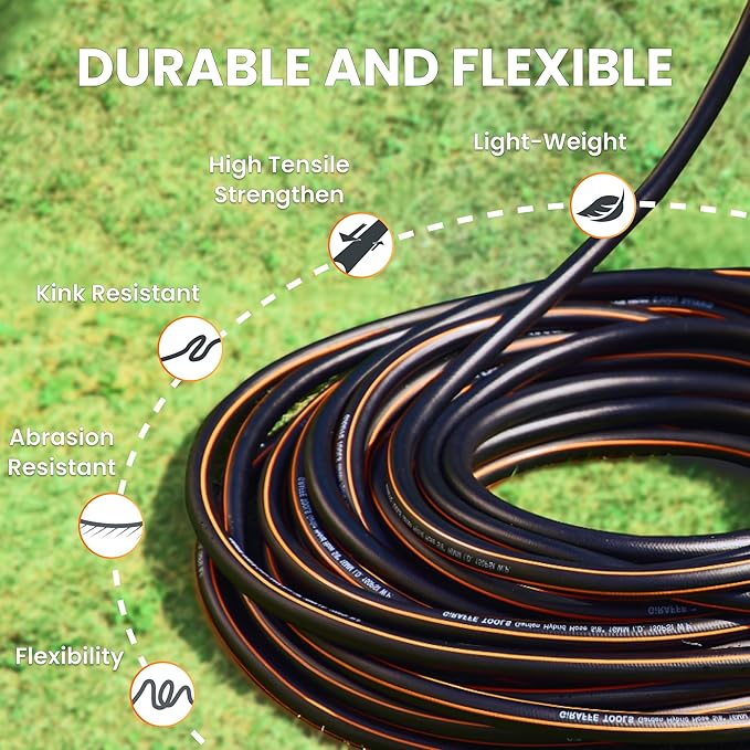 Giraffe Tools 100FT Garden Hose 5/8'' Set with 10-Pattern Spray Nozzle, Quick Connects & Ground Spinkler, for Garden Greenhouse Flower Bed Garden Water Hose