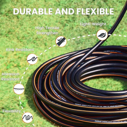 Giraffe Tools 100FT Garden Hose 5/8'' Set with 10-Pattern Spray Nozzle, Quick Connects & Ground Spinkler, for Garden Greenhouse Flower Bed Garden Water Hose
