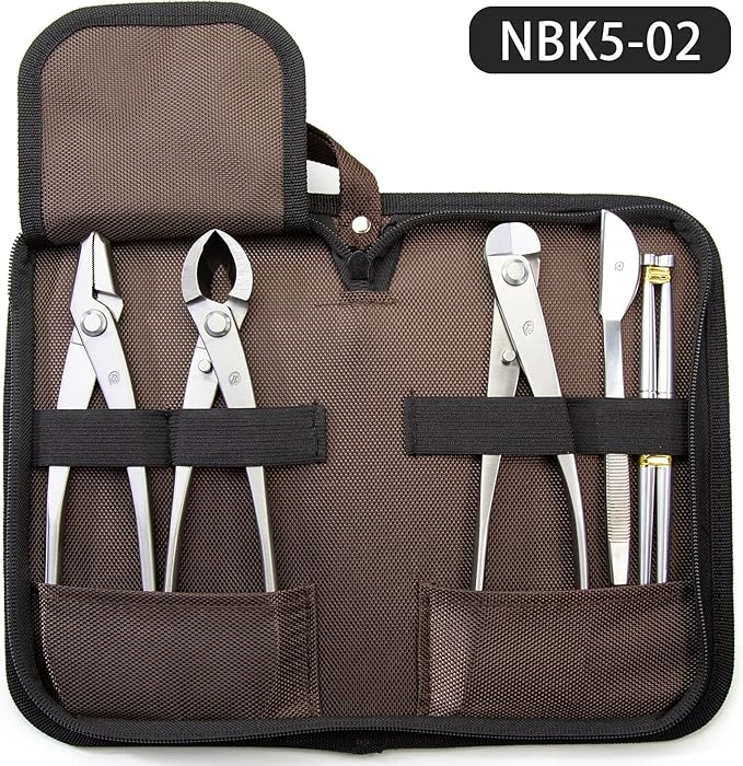 TianBonsai Bonsai Tools 5-Piece Alloy Steel Bonsai Tool Kit in Cluding 205mm Wire Cutter / 205mm Round Edge Cutter / 205mm Jin Plier / 200mm Straight Root Hook/Tweezers(NBK5-02)