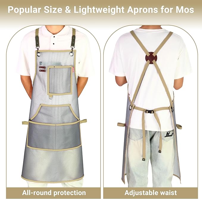 Waterproof Work Apron for Chefs, Hair Stylists, Artists, Gardeners, Adjustable, Multi-Pockets, TPU Mesh Fabric, Plus Size