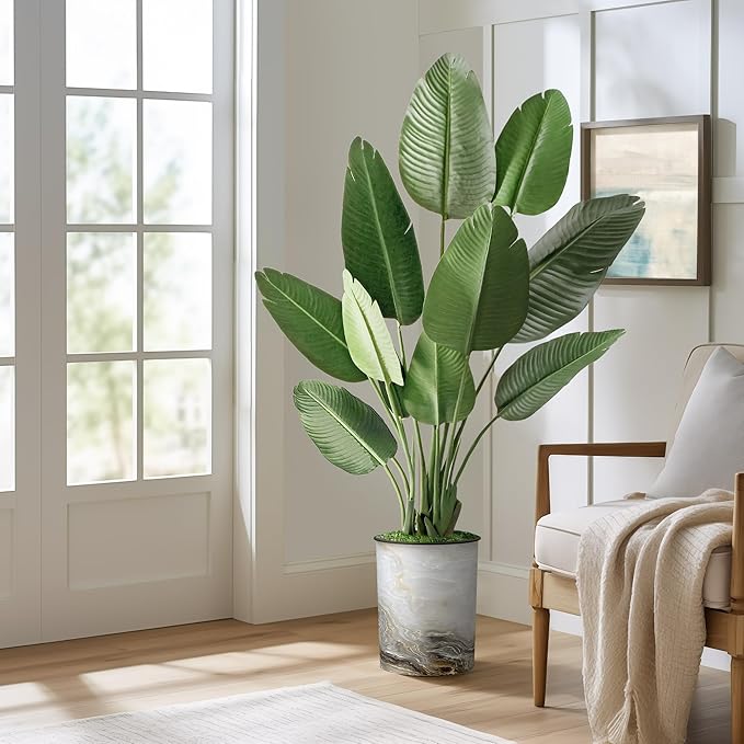 Artificial Tree in Granite Effect Planter, Fake Bird of Paradise Silk Tree for Indoor and Outdoor Home Decoration - 58" Overall Tall (Plant Pot Plus Tree)