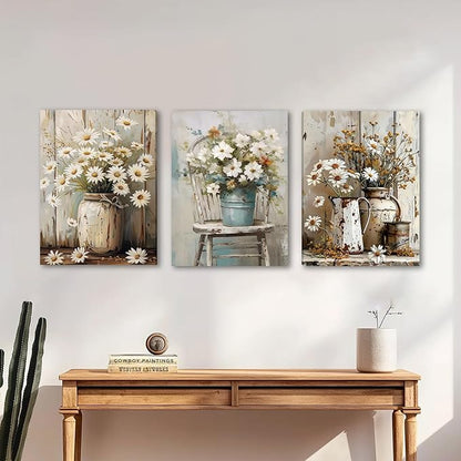 DUWQU 3 PCS Elegant Farmhouse Canvas Wall Art, Vintage Floral Pictures Wall Decor, Nature Themed Daisy Art Prints for Living Room Bedroom Kitchen and Office Ready to Hang 16×24 Inches