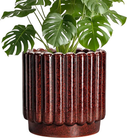 Ceramic Flower Pots - 9.6 Inch Ceramic Pots for Plants Indoor, Large Decorative Plant Pot with Drainage Hole, Fluted Round Planter for Outdoor Plants, Home Decor, Gardening Gifts, Red