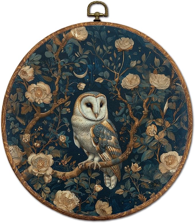 DEQSX Vintage Floral Owl Round Wall Art, Retro Dark Academia Cottagecore Farmhouse Flower Owl Bird Wall Decor Canvas Prints Posters for Home Bedroom Living Room, 10x10 Inches