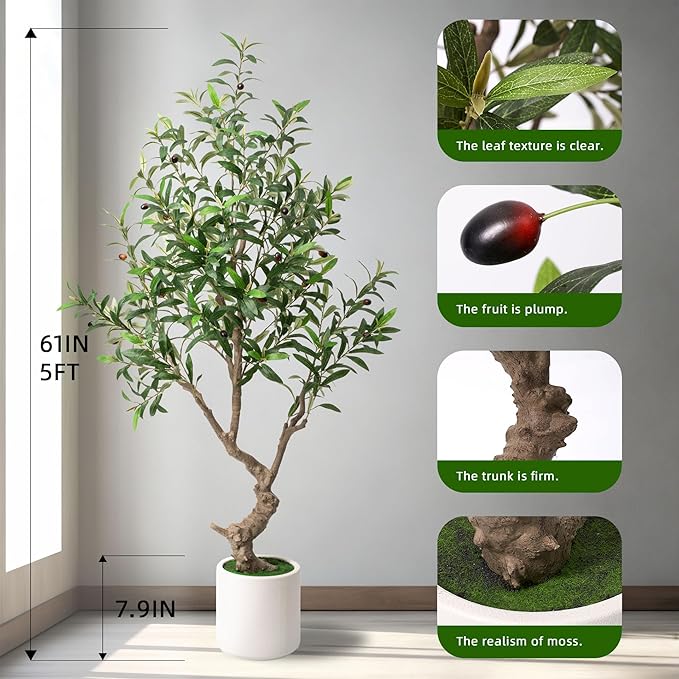 Fake Tree Faux Olive Tree with White Tall Planter Tall Fake Plant 5 Feet Tall Faux Trees Indoor Olive Trees Artificial Indoor Suitable for Home Decoration Hotel Dining Room Office Decoration