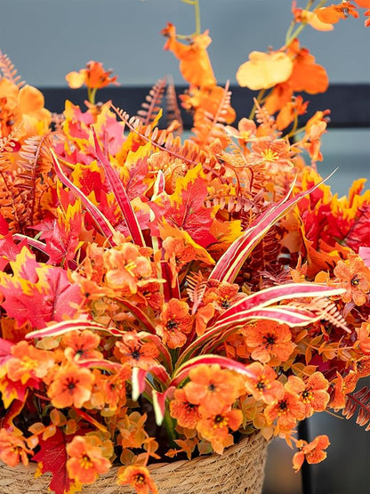 17 Bundles Artificial Fall Flowers for Outdoor Faux Fall Orchid Mums Flowers for Outside Garden Yard Window Thanksgiving Autumn Decor Fall Decorations for Home