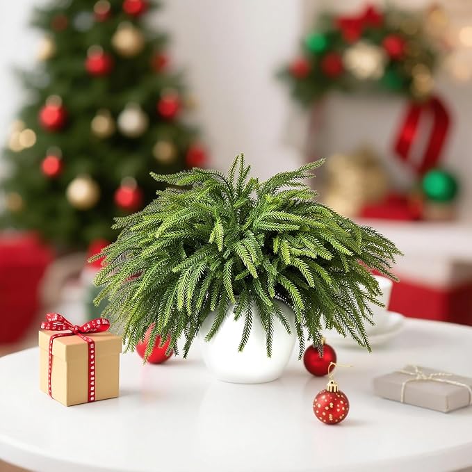 16 Pcs Norfolk Pine Stems, 19" Long Artificial Christmas Norfolk Pine Branches, Real Touch Christmas Greenery Stems for Vases, DIY Garland, Xmas Indoor Home Decorations