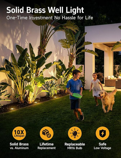 Gardenreet LED Well Lights Low Voltage - Brass In-Ground Ip65 Electric 12V Lighting, Weatherproof Light, Antique Bronze for House Garden Walkway with 5000K Daylight White MR16 Bulb