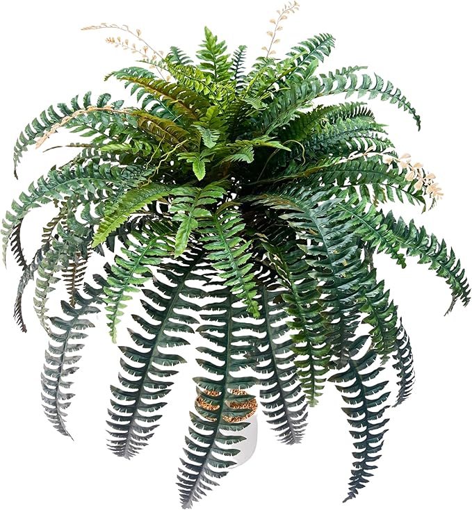 Giant Artificial Boston Ferns for Outdoors Large –UV Resistant Lifelike Faux Fern, Realistic Silk Greenery Plants Large Office, Home Decor,90 Branches,48 Inch Fake Fern Leaf Green.No Base.