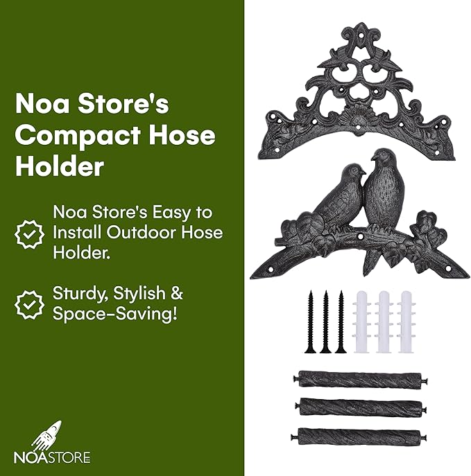Noa Store Garden Hose Holder - Decorative Wrought Iron Wall-Mounted Hose Organizer - Heavy-Duty Wall Mount Water Hose Holder - Hook Rack for Water Hose - Outdoor Hose Holder - H8xL10xW5.7 inches