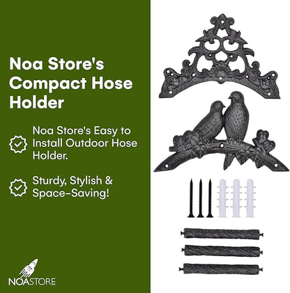 Noa Store Garden Hose Holder - Decorative Wrought Iron Wall-Mounted Hose Organizer - Heavy-Duty Wall Mount Water Hose Holder - Hook Rack for Water Hose - Outdoor Hose Holder - H8xL10xW5.7 inches