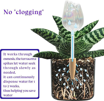 3 Pack Non-Clogging Iridescent Tulip Plant Watering Globes with Terracotta Spikes, Hand Blown Glass Self Watering Planter Insert Plant Watering Devices Bulbs for Indoor and Outdoor Plants