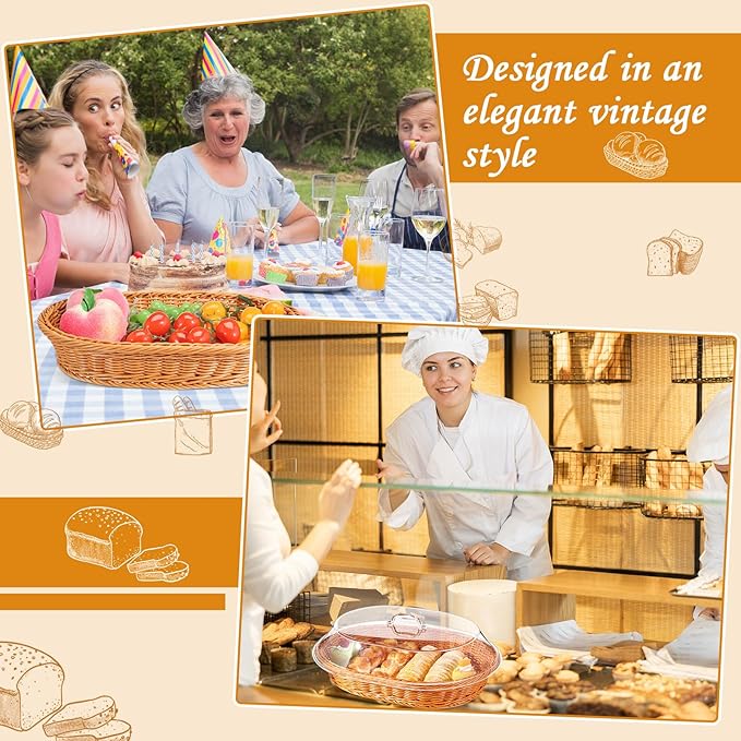 Hushee 2 Set Imitation Rattan Bread Basket with Lid Wicker Bread Baskets for Serving Woven Fruit Basket with Cover Oval Food Baskets for Food Vegetables Display(13.78 x 9.84 Inch)