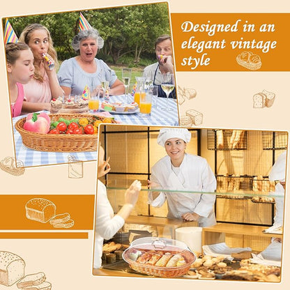 Hushee 2 Set Imitation Rattan Bread Basket with Lid Wicker Bread Baskets for Serving Woven Fruit Basket with Cover Oval Food Baskets for Food Vegetables Display(13.78 x 9.84 Inch)