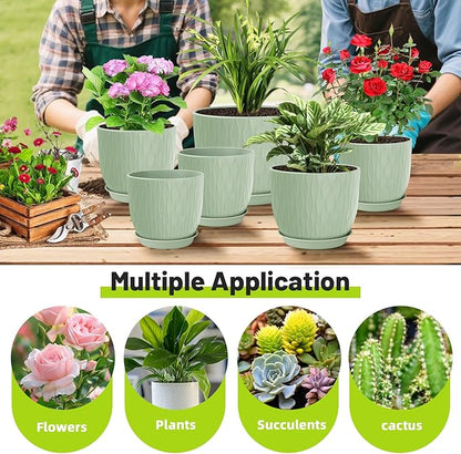 Plastic Plant Pots 10/9/8/7.5/7 inch Set of 5, Flower Planters with Drainage Holes and Saucers, Plastic Pots for Indoor Outdoor Plants, Livingroom Garden Decor (Green)