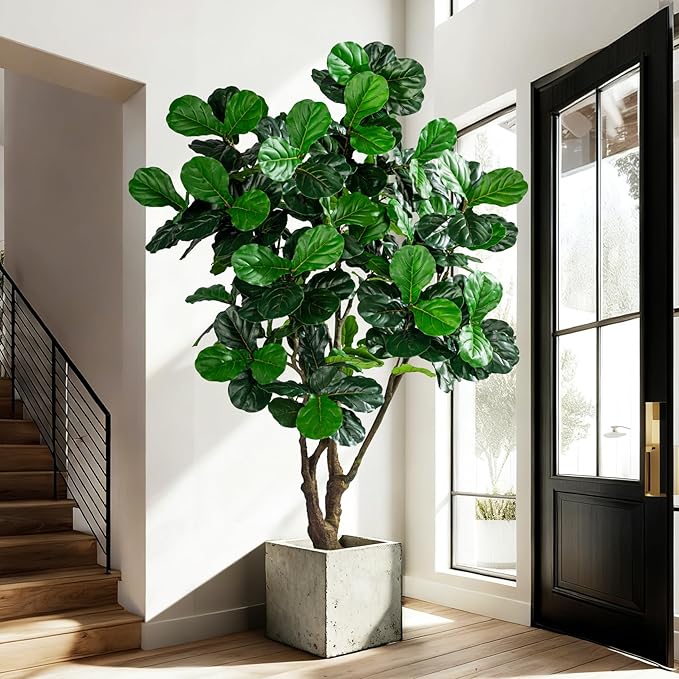 Artificial Fiddle Leaf Fig Tree 8ft with White Planter Realistic Fiddle Leaf Lyrata Plant Tall Fake Tree with Natural-Looking Leaves Fake Tree for Indoor Outdoor Home Office Decor