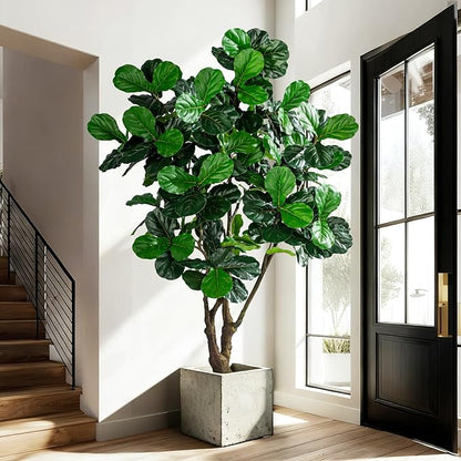 Artificial Fiddle Leaf Fig Tree 8ft with White Planter Realistic Fiddle Leaf Lyrata Plant Tall Fake Tree with Natural-Looking Leaves Fake Tree for Indoor Outdoor Home Office Decor