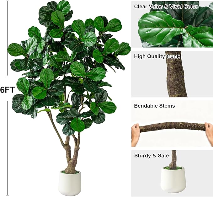 Artificial Fiddle Leaf Fig Tree 8ft with White Planter Realistic Fiddle Leaf Lyrata Plant Tall Fake Tree with Natural-Looking Leaves Fake Tree for Indoor Outdoor Home Office Decor