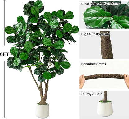 Artificial Fiddle Leaf Fig Tree 8ft with White Planter Realistic Fiddle Leaf Lyrata Plant Tall Fake Tree with Natural-Looking Leaves Fake Tree for Indoor Outdoor Home Office Decor