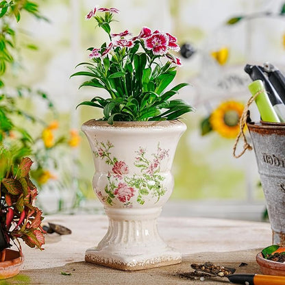 Sungmor Small Ceramic Urn Planter - Pink Scroll Floral Pedestal Flower Pot, Decorative Vintage Chinoiserie Style Planters, Tuscan Accent Vase Indoor Outdoor Plant Holder with Drainage