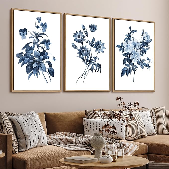 Large Framed Canvas Wall Art - Natural Float Framed Indigo Flowers Picturtes for Living Room Decor Retro Blue Floral Botanical Artwork Plants for Bedroom Kitchen Home Office Decor 96" X 48" Set of 3