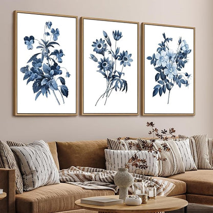 Large Framed Canvas Wall Art - Natural Float Framed Indigo Flowers Picturtes for Living Room Decor Retro Blue Floral Botanical Artwork Plants for Bedroom Kitchen Home Office Decor 96" X 48" Set of 3