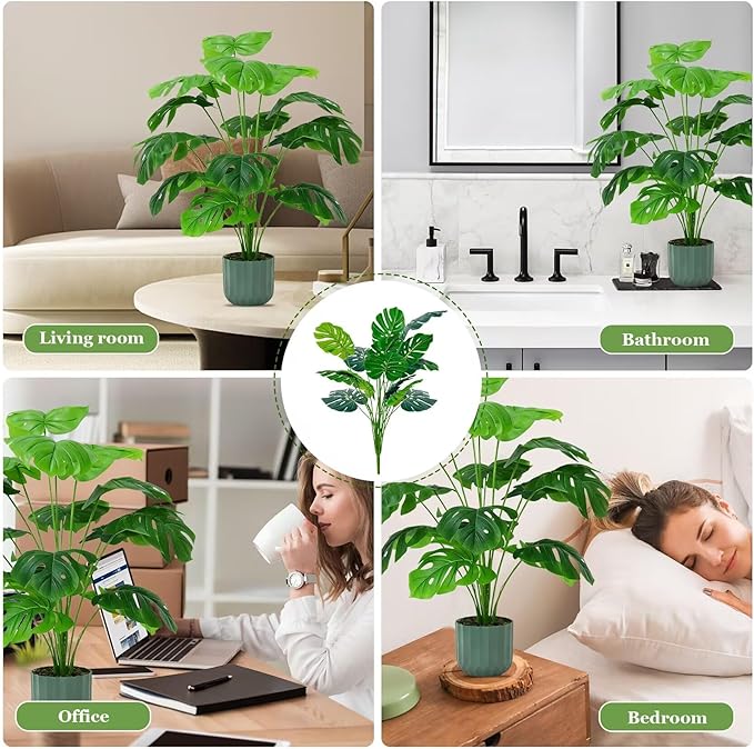 Artificial Palm Tree Leave Plants - 2PCS 28'' Tall Fake Plant Monstera Leaf Indoor Outdoor, Large Faux Floor Plant for Living Room, Bedroom Plants Decor, Bathroom Farmhouse Home House Decor