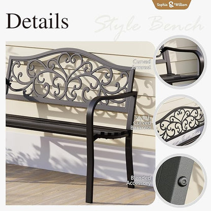 Sophia & William Outdoor Bench, Metal Garden Bench, Cast Iron Park Benches for Outside with Floral Design Backrest, Black