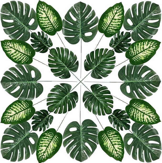 80pc 4-Kind Artificial Palm Leaves with Stems - Faux Monstera, Tropical Plant Simulation Safari Leaves for Tropical Decorations, Beach, Birthday, Jungle, Hawaiian Luau Parties