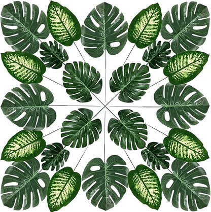 80pc 4-Kind Artificial Palm Leaves with Stems - Faux Monstera, Tropical Plant Simulation Safari Leaves for Tropical Decorations, Beach, Birthday, Jungle, Hawaiian Luau Parties