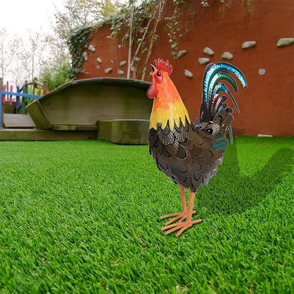 Metal Rooster Statues, Garden Chicken Decorations, Outdoor Chicken Sculptures, Metal Yard Rooster Artwork for Yard Farm Patio Lawn Porch Kitchen Decoration (Brown)